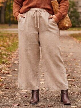 Beige Wide Leg Linen-Blend Pants